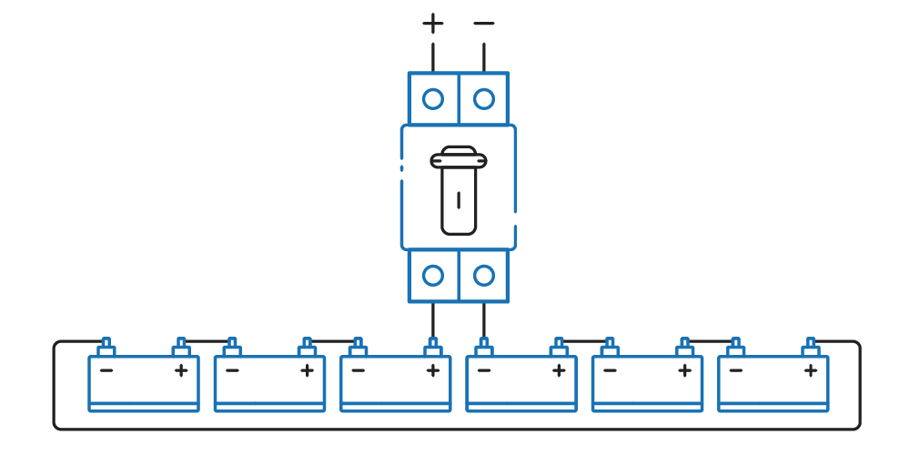 Подключение 6 внешних АКБ к ИБП через автоматический выключатель постоянного тока Подключение 6 внешних АКБ к ИБП через автоматический выключатель постоянного тока